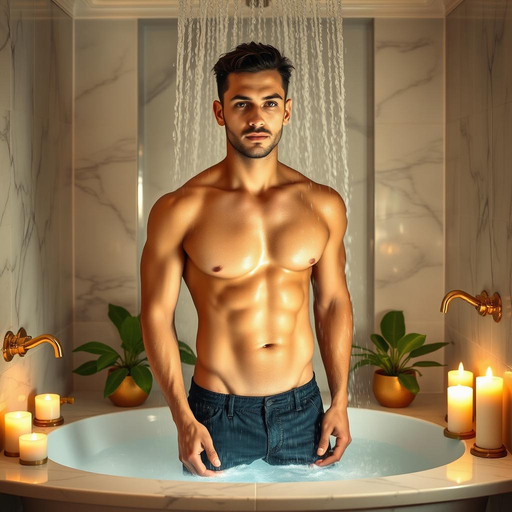 A 33-year-old man in a luxurious bathroom, elegantly designed with marble tiles and golden faucets