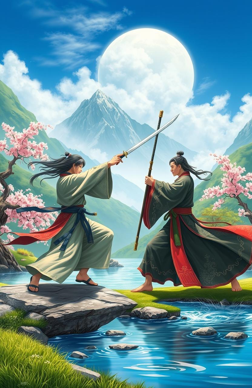 A serene landscape depicting a traditional Chinese martial arts scene, set in a lush green mountainside