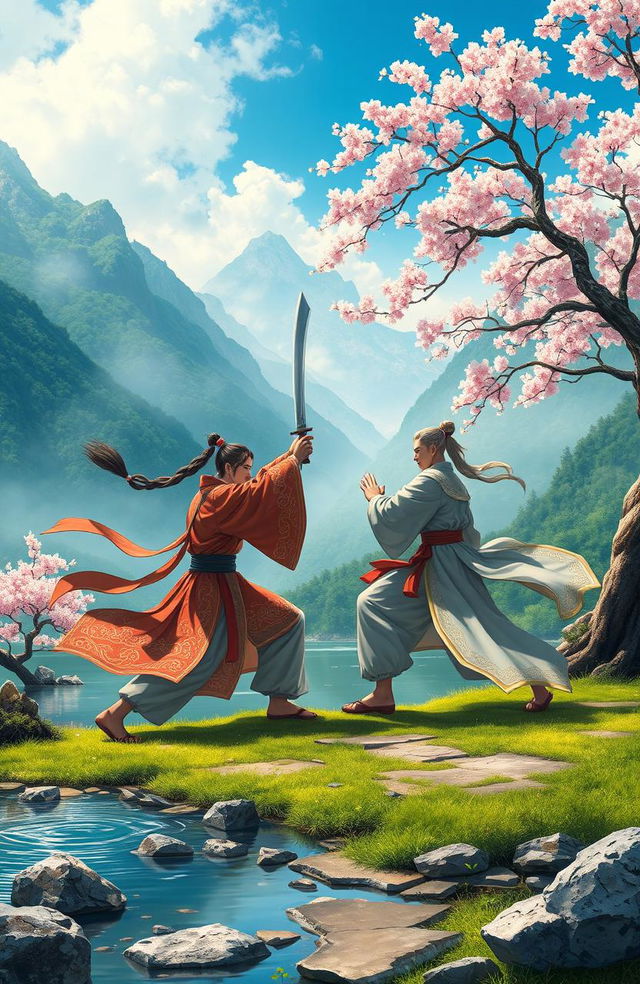 A serene landscape depicting a traditional Chinese martial arts scene, set in a lush green mountainside