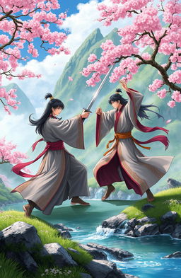 A serene landscape depicting a traditional Chinese martial arts scene, set in a lush green mountainside