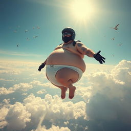 A whimsical scene featuring a comically oversized biker with an inflated, round belly, wearing only a full-face helmet that covers his face and snug-fitting underwear