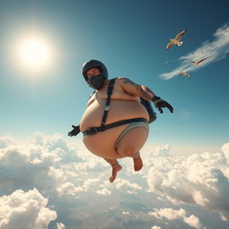A whimsical scene featuring a comically oversized biker with an inflated, round belly, wearing only a full-face helmet that covers his face and snug-fitting underwear