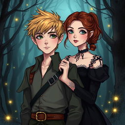 A fanart illustration featuring an adult boy with blonde hair and a young woman with brown hair