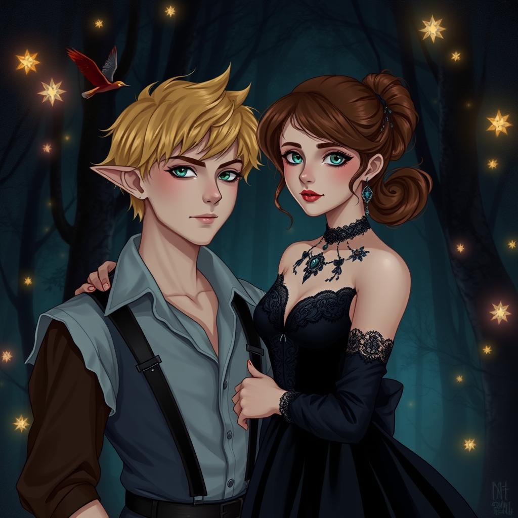 A fanart illustration featuring an adult boy with blonde hair and a young woman with brown hair