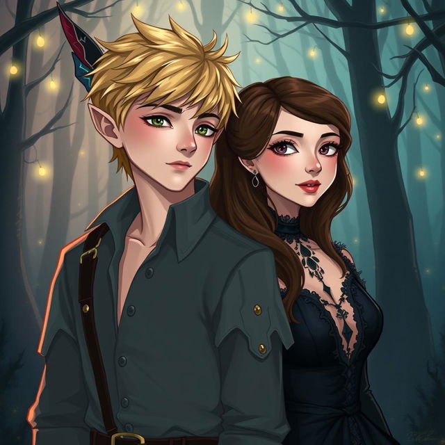 A fanart illustration featuring an adult boy with blonde hair and a young woman with brown hair