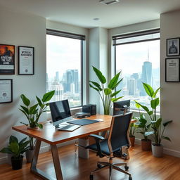 A professional office environment featuring a stylish wooden desk, ergonomic office chair, and modern technology such as a sleek laptop and a high-resolution monitor