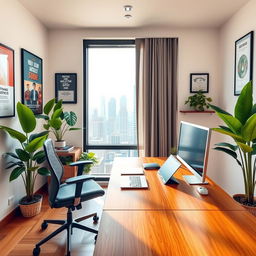 A professional office environment featuring a stylish wooden desk, ergonomic office chair, and modern technology such as a sleek laptop and a high-resolution monitor