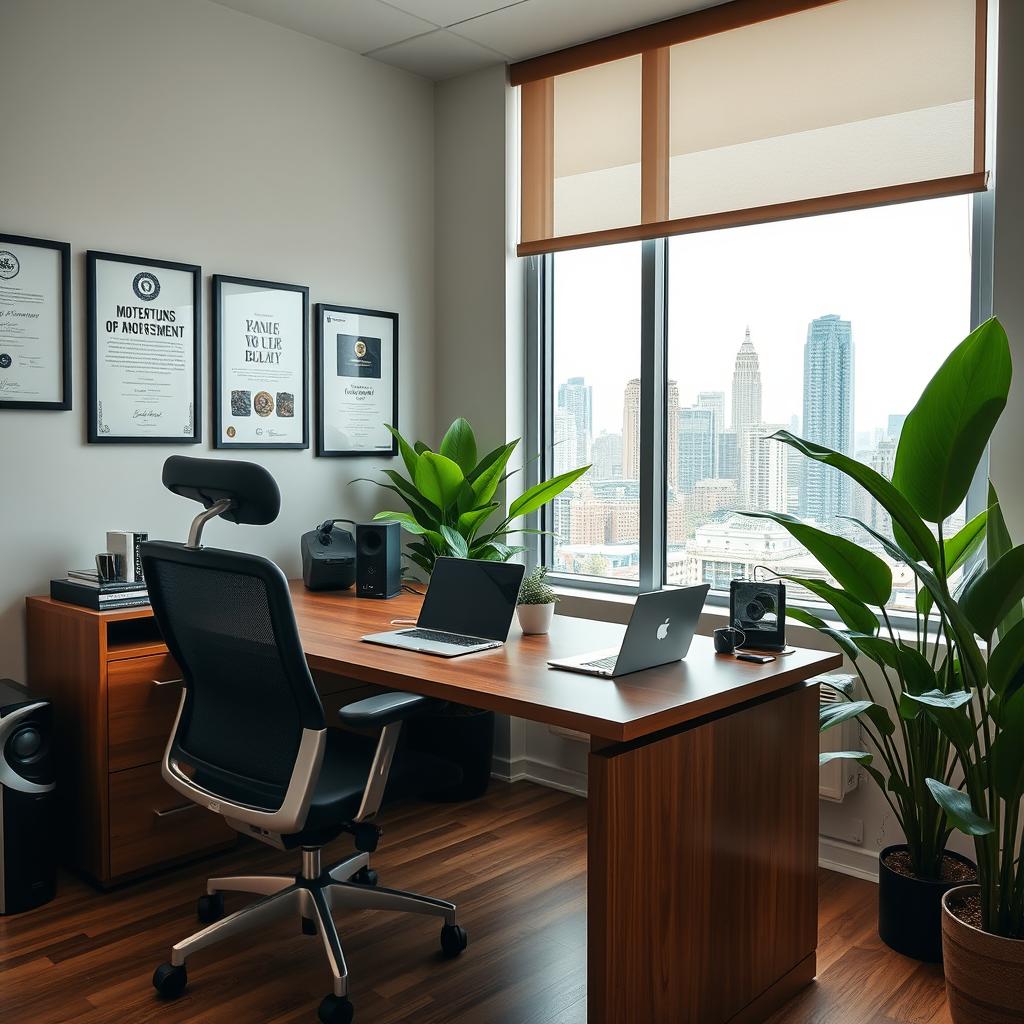 A professional office environment featuring a stylish wooden desk, ergonomic office chair, and modern technology such as a sleek laptop and a high-resolution monitor