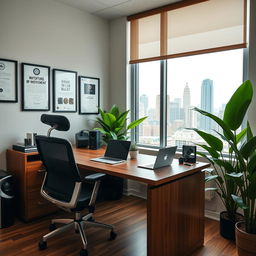 A professional office environment featuring a stylish wooden desk, ergonomic office chair, and modern technology such as a sleek laptop and a high-resolution monitor