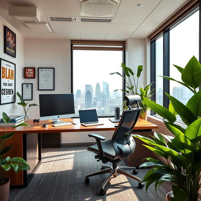 A professional office environment featuring a stylish wooden desk, ergonomic office chair, and modern technology such as a sleek laptop and a high-resolution monitor