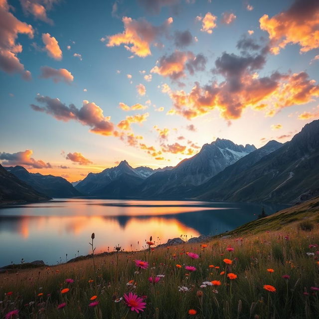 A serene landscape depicting a majestic mountain range at sunset, with vibrant colors illuminating the sky, reflecting off a peaceful lake below