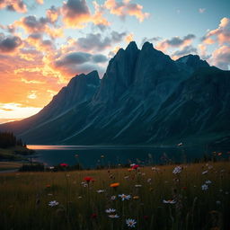 A serene landscape depicting a majestic mountain range at sunset, with vibrant colors illuminating the sky, reflecting off a peaceful lake below