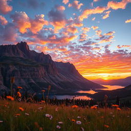A serene landscape depicting a majestic mountain range at sunset, with vibrant colors illuminating the sky, reflecting off a peaceful lake below