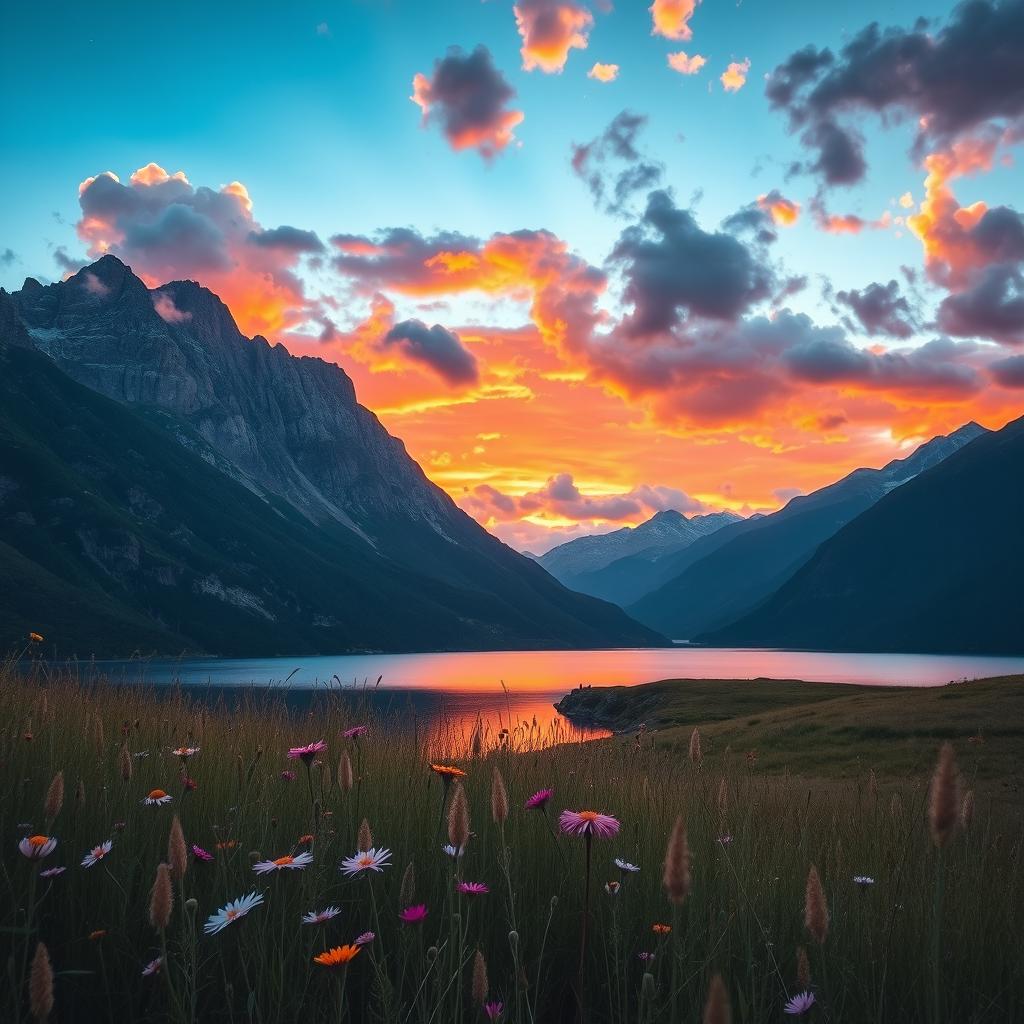 A serene landscape depicting a majestic mountain range at sunset, with vibrant colors illuminating the sky, reflecting off a peaceful lake below