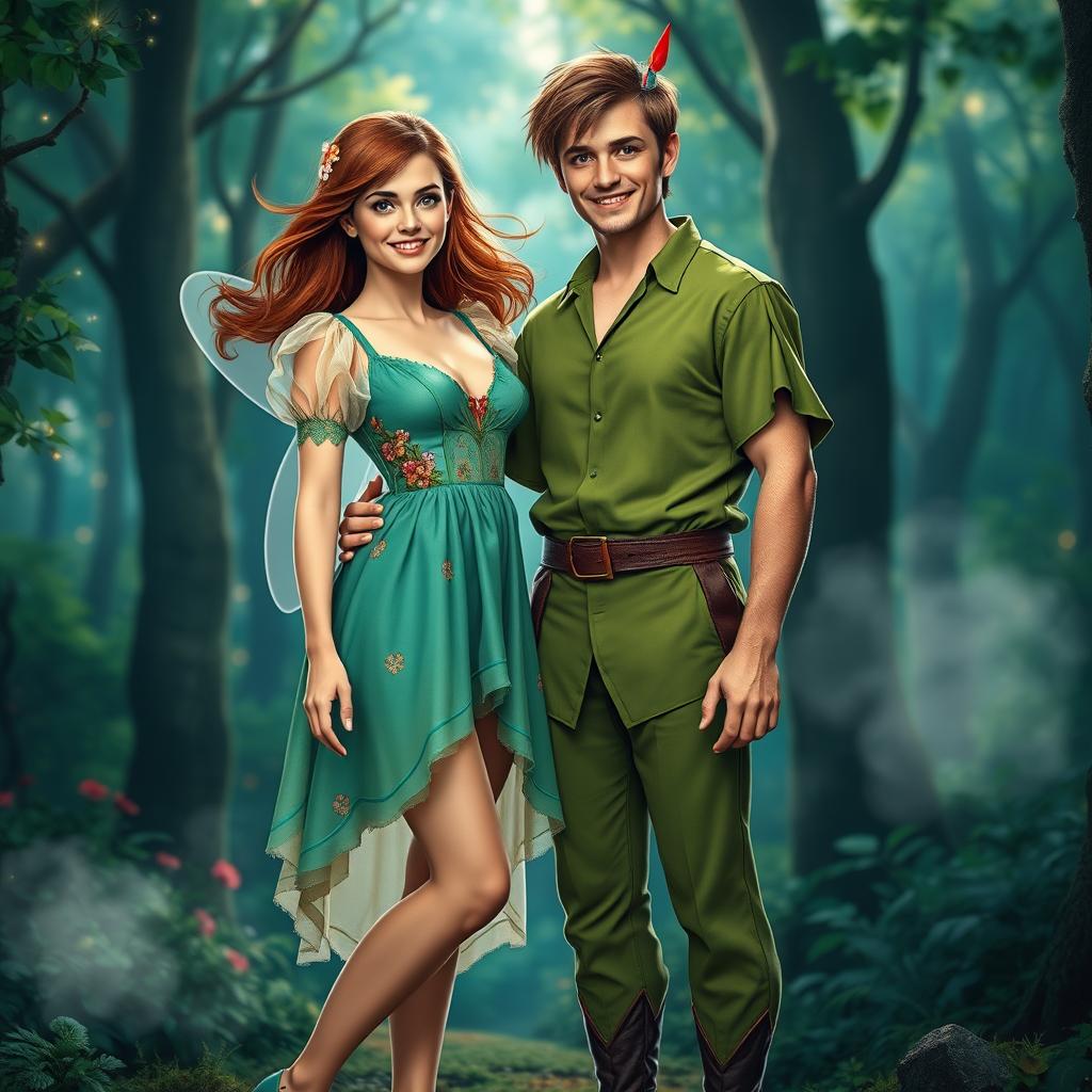 An imaginative interpretation of adult Wendy and Peter Pan, standing together in a lush, vibrant Neverland-like forest