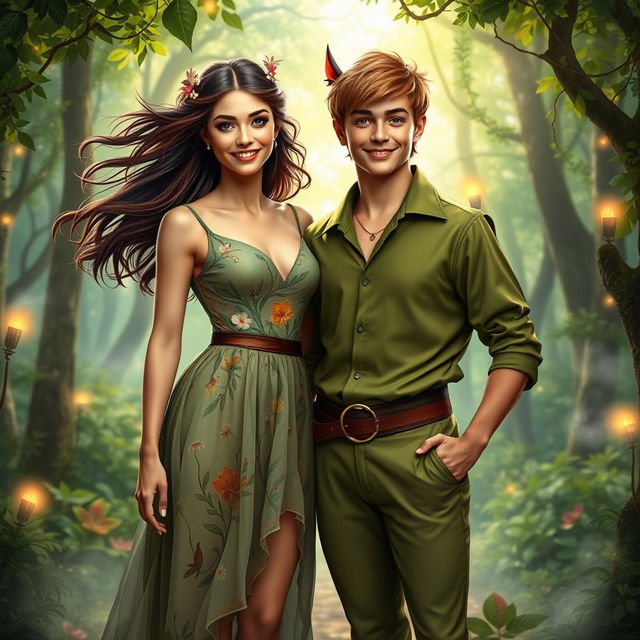 An imaginative interpretation of adult Wendy and Peter Pan, standing together in a lush, vibrant Neverland-like forest