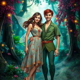 An imaginative interpretation of adult Wendy and Peter Pan, standing together in a lush, vibrant Neverland-like forest