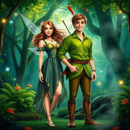 An imaginative interpretation of adult Wendy and Peter Pan, standing together in a lush, vibrant Neverland-like forest