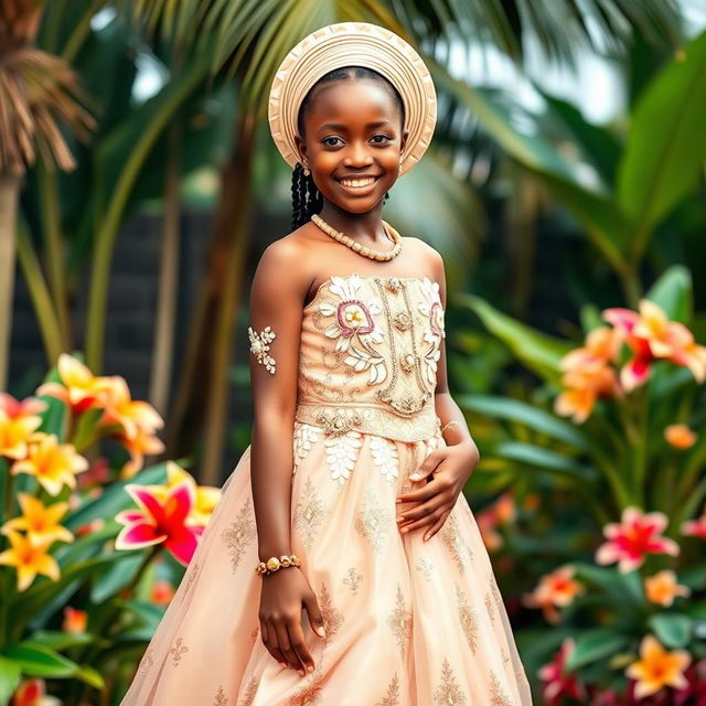 A beautiful African girl dressed in a stunning traditional marriage dress, showcasing intricate beadwork and vibrant colors