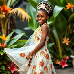 A beautiful African girl dressed in a stunning traditional marriage dress, showcasing intricate beadwork and vibrant colors