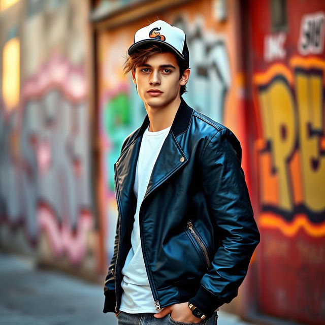 A stylish young man with tousled hair and a confident expression, wearing a sleek black jacket over a white t-shirt, and jeans