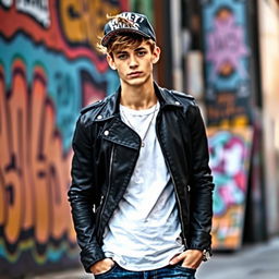 A stylish young man with tousled hair and a confident expression, wearing a sleek black jacket over a white t-shirt, and jeans