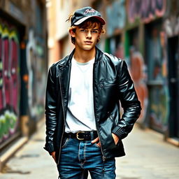 A stylish young man with tousled hair and a confident expression, wearing a sleek black jacket over a white t-shirt, and jeans