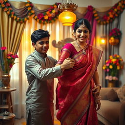 An intimate and caring scene in a beautifully decorated Indian home, showcasing a teenage son gently helping his mother remove her elegant sari after a festive celebration