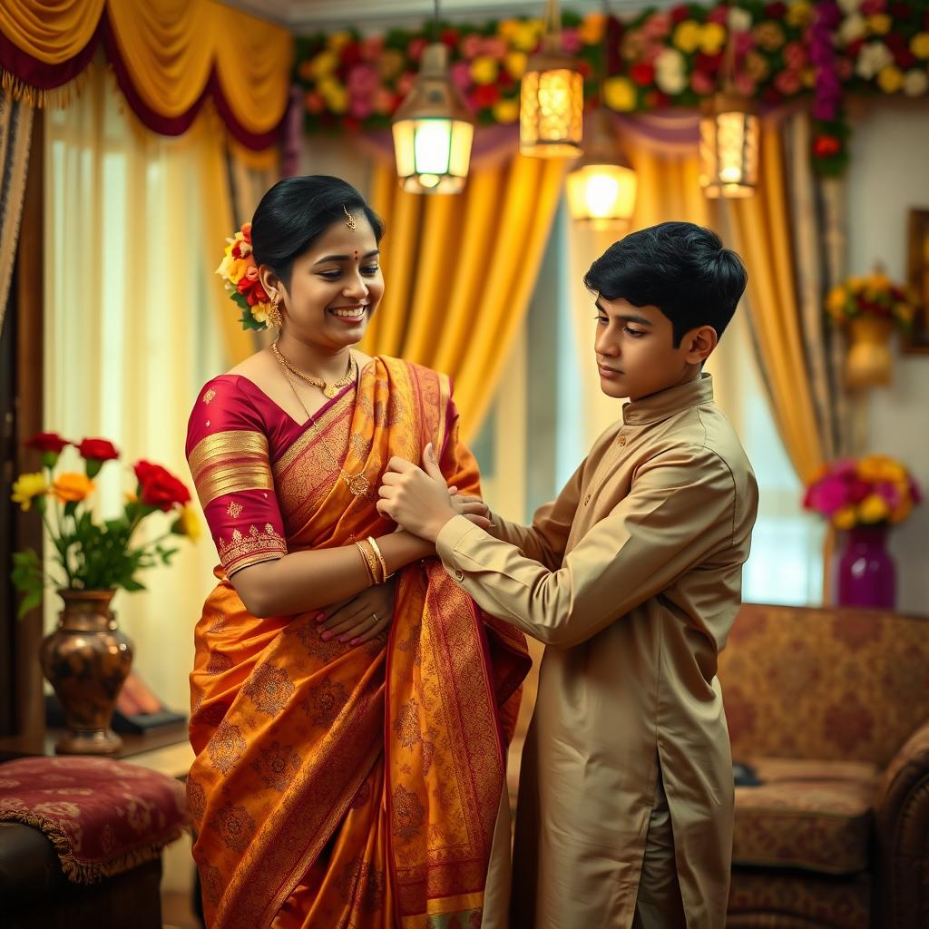 An intimate and caring scene in a beautifully decorated Indian home, showcasing a teenage son gently helping his mother remove her elegant sari after a festive celebration