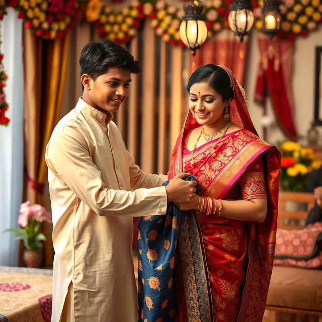An intimate and caring scene in a beautifully decorated Indian home, showcasing a teenage son gently helping his mother remove her elegant sari after a festive celebration
