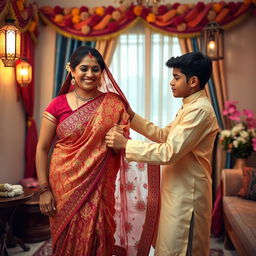 An intimate and caring scene in a beautifully decorated Indian home, showcasing a teenage son gently helping his mother remove her elegant sari after a festive celebration