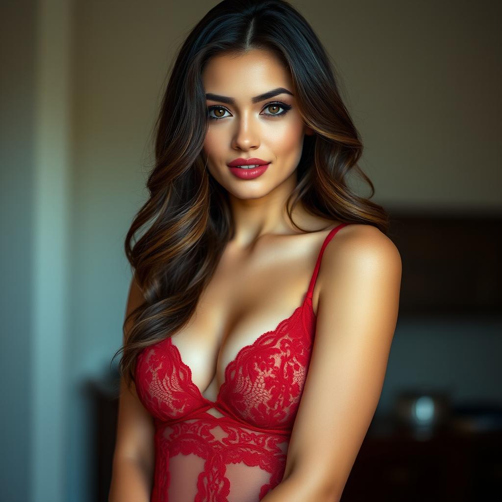 A stunning beauty girl wearing elegant red lingerie, exuding confidence and allure