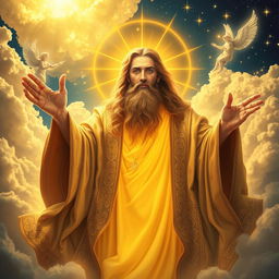A majestic and powerful representation of God as a radiant figure surrounded by a celestial atmosphere, with golden light emanating from Him