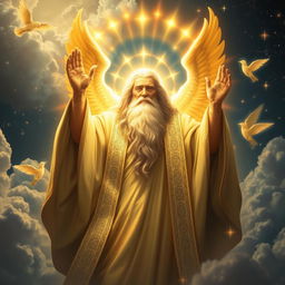 A majestic and powerful representation of God as a radiant figure surrounded by a celestial atmosphere, with golden light emanating from Him