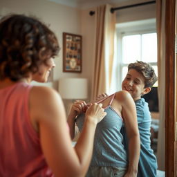 A warm, intimate scene depicting a loving bond between a mother and her teenage son in a safe and appropriate context