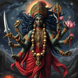 A stunning artistic representation of the Hindu goddess Kali, depicted with multiple arms and a fierce expression