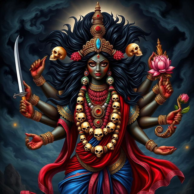 A stunning artistic representation of the Hindu goddess Kali, depicted with multiple arms and a fierce expression