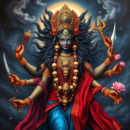 A stunning artistic representation of the Hindu goddess Kali, depicted with multiple arms and a fierce expression