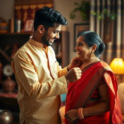 An intimate and caring scene of a young Indian man helping his mother put on a traditional attire, showing warmth and affection in their bond