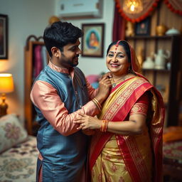 An intimate and caring scene of a young Indian man helping his mother put on a traditional attire, showing warmth and affection in their bond