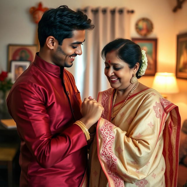 An intimate and caring scene of a young Indian man helping his mother put on a traditional attire, showing warmth and affection in their bond