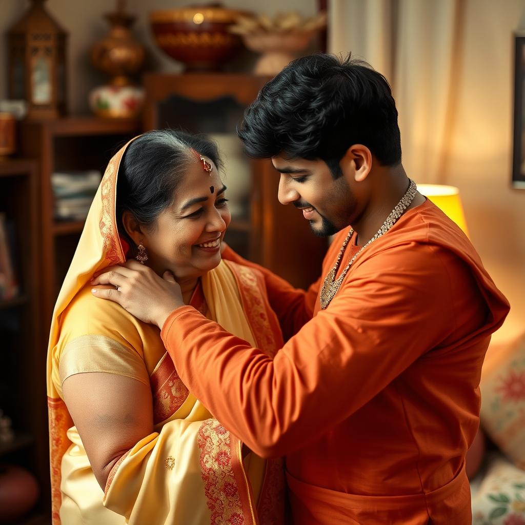 An intimate and caring scene of a young Indian man helping his mother put on a traditional attire, showing warmth and affection in their bond