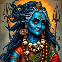 A vibrant and detailed depiction of an old woman representing Kali, the Hindu goddess