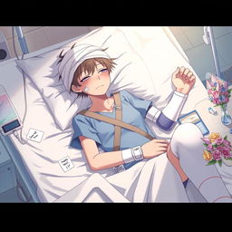 An anime-style illustration of a high school teenager laying in a hospital bed with severe injuries