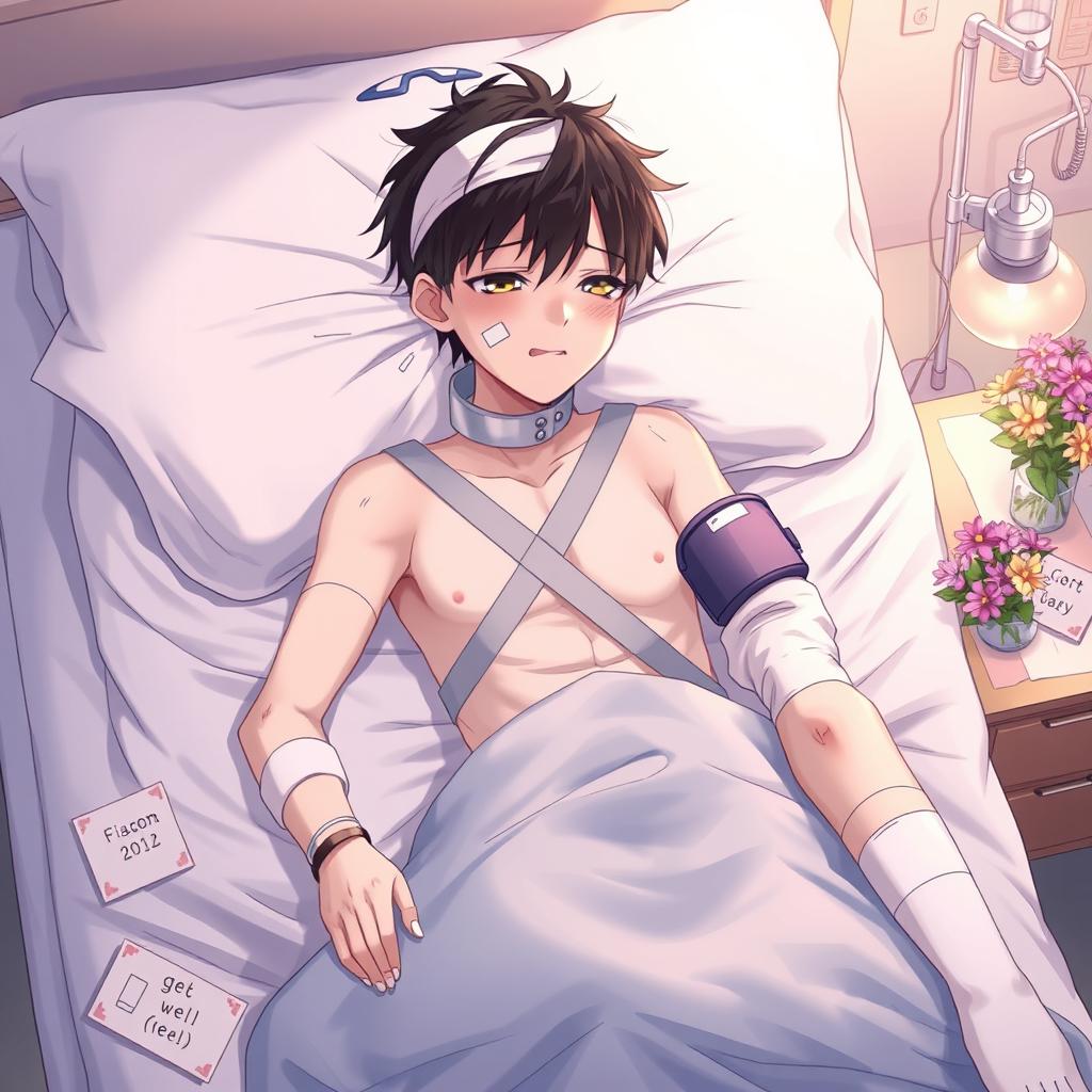 An anime-style illustration of a high school teenager laying in a hospital bed with severe injuries