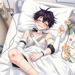 An anime-style illustration of a high school teenager laying in a hospital bed with severe injuries