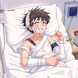 An anime-style illustration of a high school teenager laying in a hospital bed with severe injuries