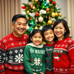 A happy Asian family consisting of a 45-year-old father and a 44-year-old mother, along with their 13-year-old daughter and 10-year-old son