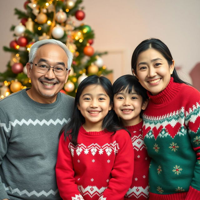 A happy Asian family consisting of a 45-year-old father and a 44-year-old mother, along with their 13-year-old daughter and 10-year-old son