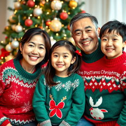 A happy Asian family consisting of a 45-year-old father and a 44-year-old mother, along with their 13-year-old daughter and 10-year-old son